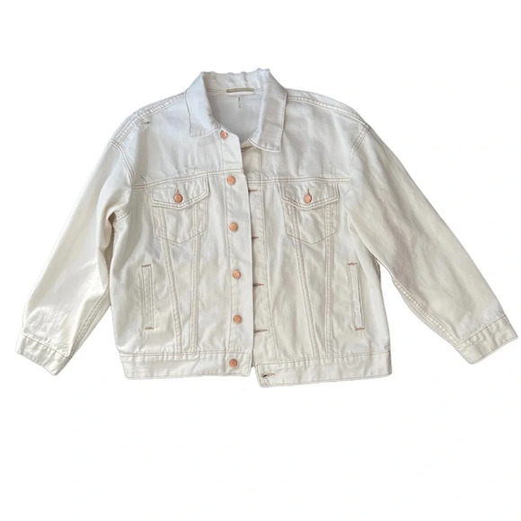 Free People Off White Denim Trucker Boyfriend Distressed Oversized Jacket XS - Picture 7 of 12
